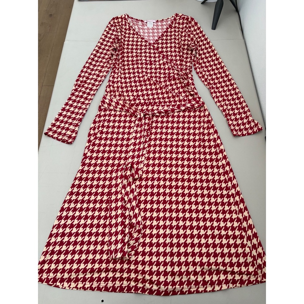 Romeo & Juliet Couture Red Houndstooth Wrap Dress Long Sleeve Midi L Office